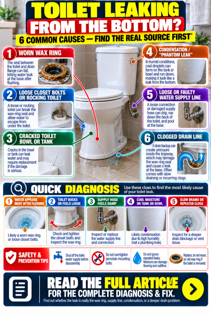 Infographic showing common causes and fixes for a toilet leaking from the bottom