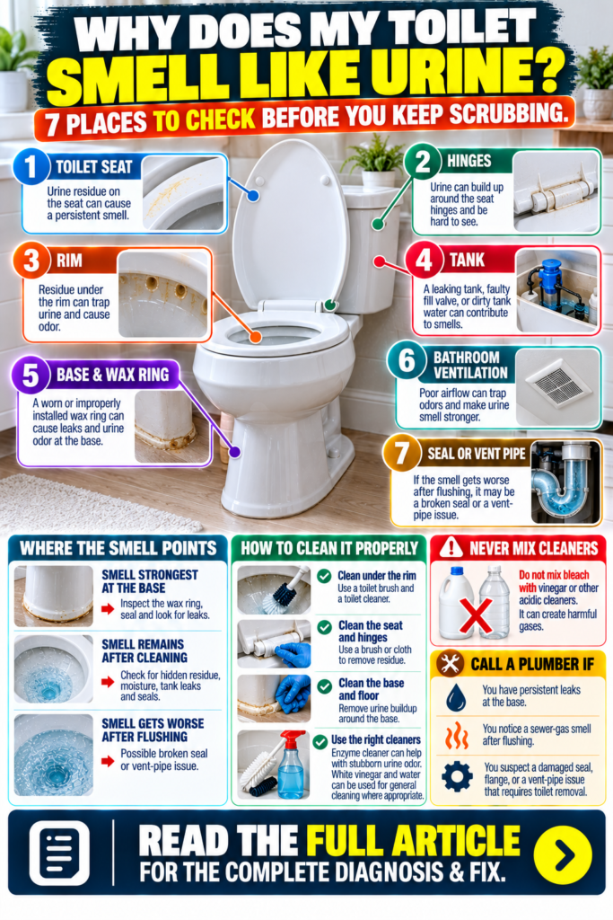 Why does my toilet smell like urine infographic showing common causes and cleaning solutions
