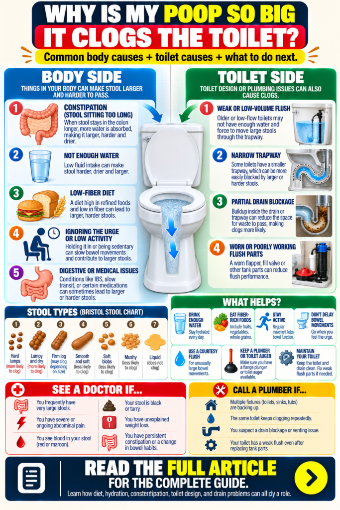 Why is my poop so big it clogs the toilet infographic showing stool size and possible causes